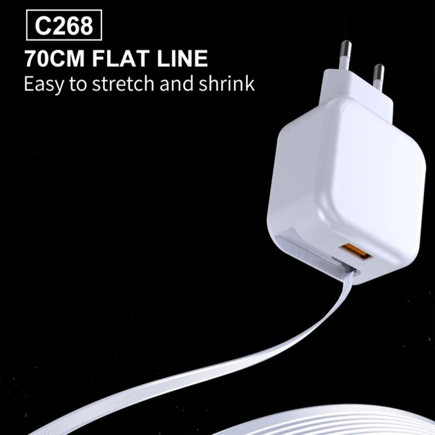 Мережевий зарядний пристрій WUW-C268 12W fast charger USB A +retractable 70cm type c Cable - зображення 6