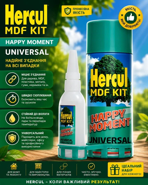 Експрес клей з активатором універсальний HERCUL HAPPY MOMENT 125г/500мл - Фото 1 Експрес клей з активатором універсальний HERCUL HAPPY MOMENT 125г/500мл - зображення 1