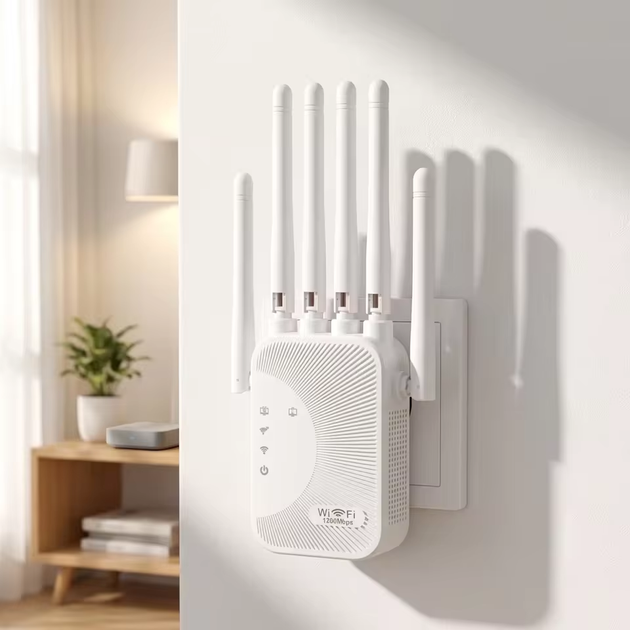 Потужний дводіапазонний Wi-Fi ретранслятор 1200 Мбіт/с, підсилювач сигналу вай-фай для дому/дачі, повторювач для роутера 2.4/5 ГГц, репітер з 6 антенами, покриття до 300 м², White - зображення 3