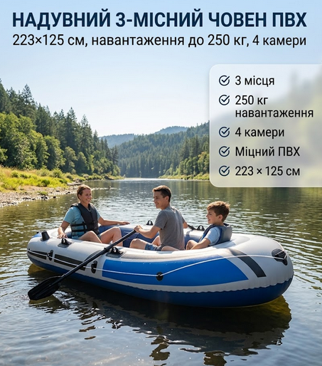 Надувная лодка трехместная JR на 3 человека ПВХ 223×125×40 см грузоподъемность 250 кг с веслами и насосом - Фото 1 Надувная лодка трехместная JR на 3 человека ПВХ 223×125×40 см грузоподъемность 250 кг с веслами и насосом - изображение 1