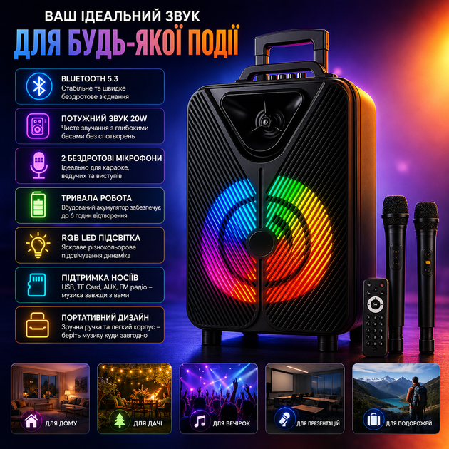 Беспроводная караоке-колонка с двумя микрофонами SPS ZQS15123 SPS sp10381 Черный sp10381 - изображение 3