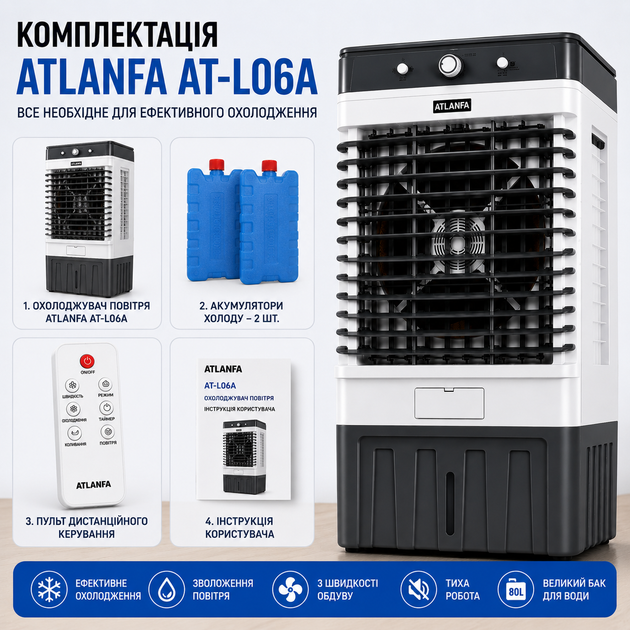 Кондиционер климатический испарительный напольный охладитель воздуха ATLANFA AT-L06A 80L 250W с 2 аккумуляторами холода и 3 скоростями обдува, мобильный кулер воздухоохладитель для дома и офиса - Фото 2 Кондиционер климатический испарительный напольный охладитель воздуха ATLANFA AT-L06A 80L 250W с 2 аккумуляторами холода и 3 скоростями обдува, мобильный кулер воздухоохладитель для дома и офиса - изображение 2