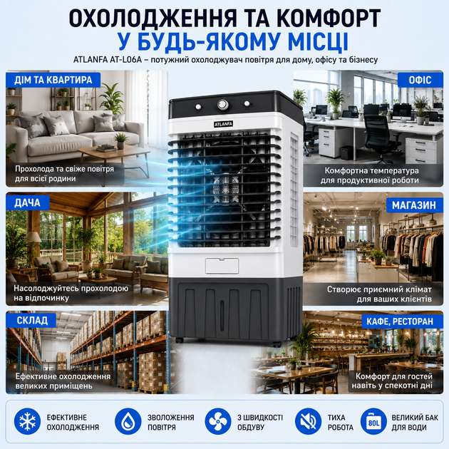 Кондиционер климатический испарительный напольный охладитель воздуха ATLANFA AT-L06A 80L 250W с 2 аккумуляторами холода и 3 скоростями обдува, мобильный кулер воздухоохладитель для дома и офиса - Фото 3 Кондиционер климатический испарительный напольный охладитель воздуха ATLANFA AT-L06A 80L 250W с 2 аккумуляторами холода и 3 скоростями обдува, мобильный кулер воздухоохладитель для дома и офиса - изображение 3