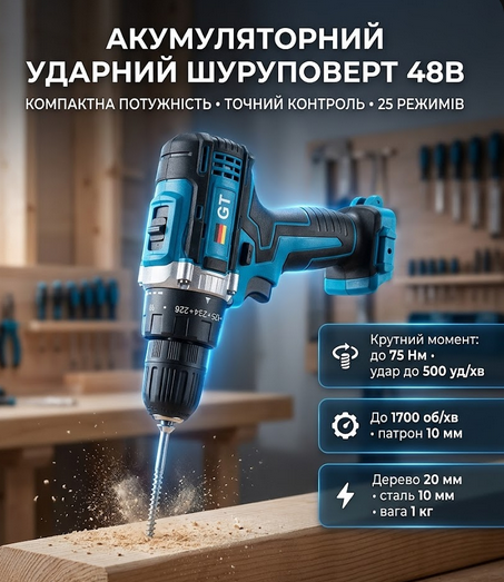 Ударный аккумуляторный шуруповерт GT Germany PRO 450DWE 48V 6Ah 75 Нм 1700 об/мин 25+3 с набором инструментов кейс - Фото 1 Ударный аккумуляторный шуруповерт GT Germany PRO 450DWE 48V 6Ah 75 Нм 1700 об/мин 25+3 с набором инструментов кейс - изображение 1