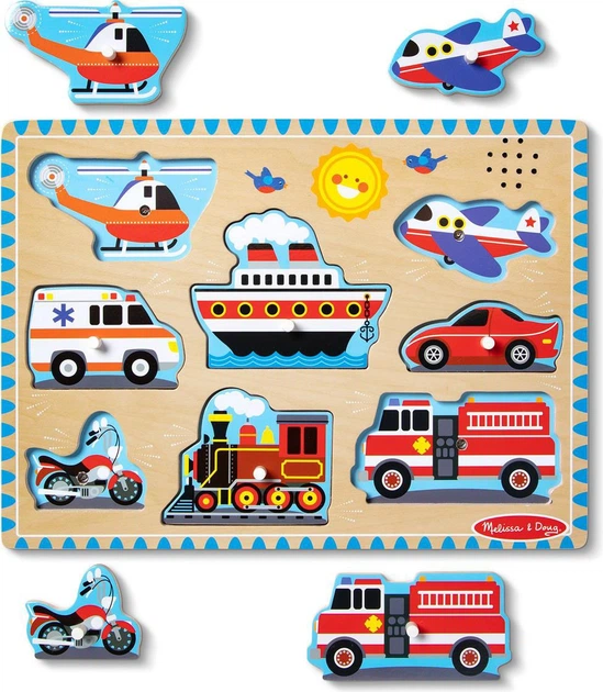 Пазл дерев'яний Melissa & Doug Транспортні засоби зі звуками 8 елементів 806134 (0681147005587) - зображення 2