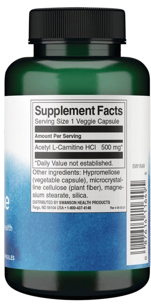 Suplement diety Swanson Acetyl L-Carnitine 500 mg 100 kapsułek (87614116495) - obraz 2