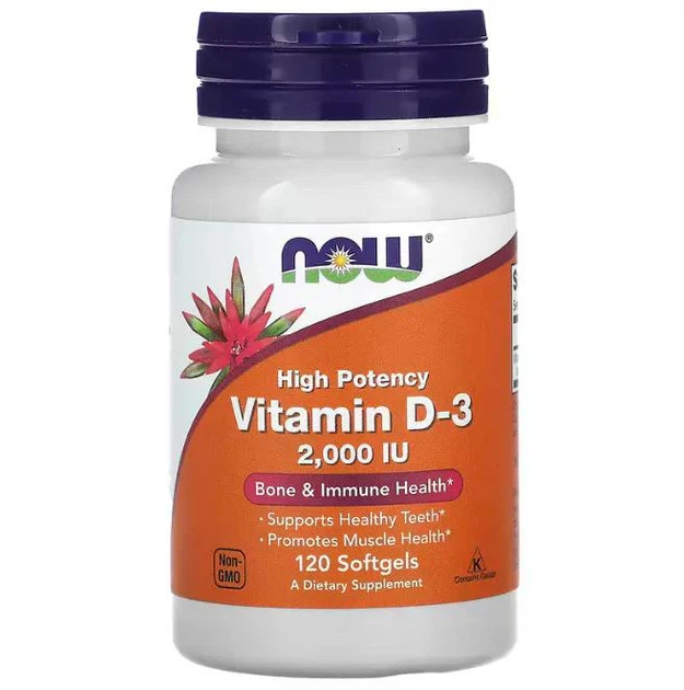 Витамин D-3 для иммунитета Vitamin D-3 Now Foods 50 мкг 2000 МЕ 120 гелевых капсул - изображение 3
