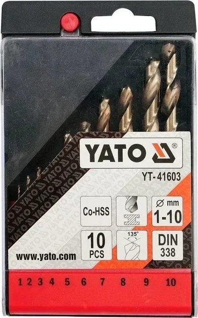 Набір кобальтових свердел по металу YATO YT-41603 Co-HSS 1-10 мм 10 шт - Фото 2 Набір кобальтових свердел по металу YATO YT-41603 Co-HSS 1-10 мм 10 шт - зображення 2