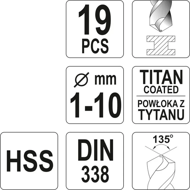 Набор титановых сверл по металлу YATO YT-44675 HSS-TiN 1-10 мм 19 шт - изображение 4