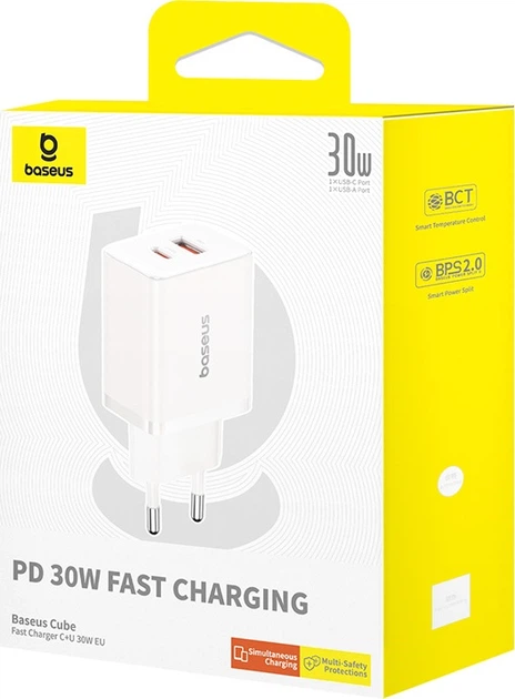 Сетевое зарядное устройство Baseus Cube Fast Charger C+U 30W EU Moon White (P10111404213-00) - Фото 2 Сетевое зарядное устройство Baseus Cube Fast Charger C+U 30W EU Moon White (P10111404213-00) - изображение 2