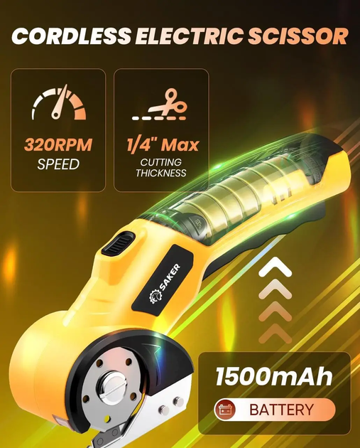 Акумуляторні електричні ножиці Saker з LED-підсвіткою — Універсальний різак для тканини, шкіри, килимів та картону, USB-C, Жовтий - Фото 4 Акумуляторні електричні ножиці Saker з LED-підсвіткою — Універсальний різак для тканини, шкіри, килимів та картону, USB-C, Жовтий - зображення 4