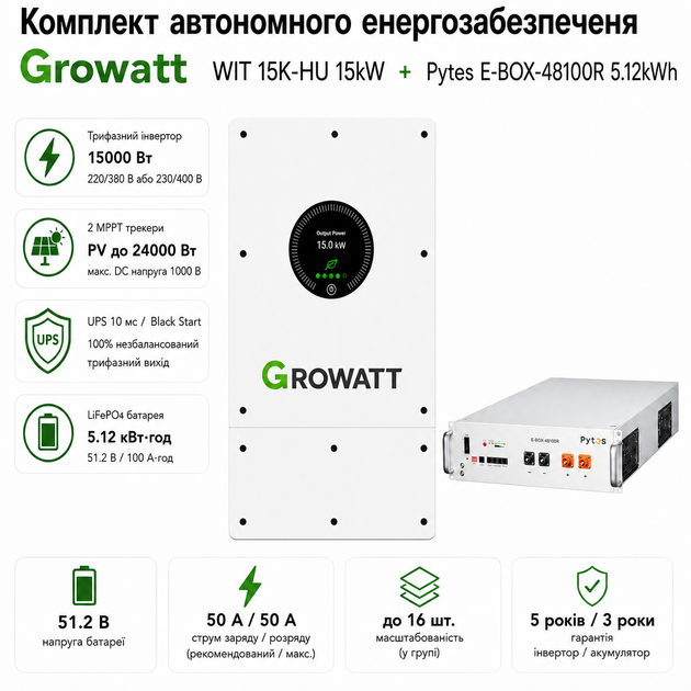 Комплект автономного энергоснабжения Growatt WIT 15K-HU 15kW + Pytes E-BOX-48100R 5.12kWh White - изображение 6