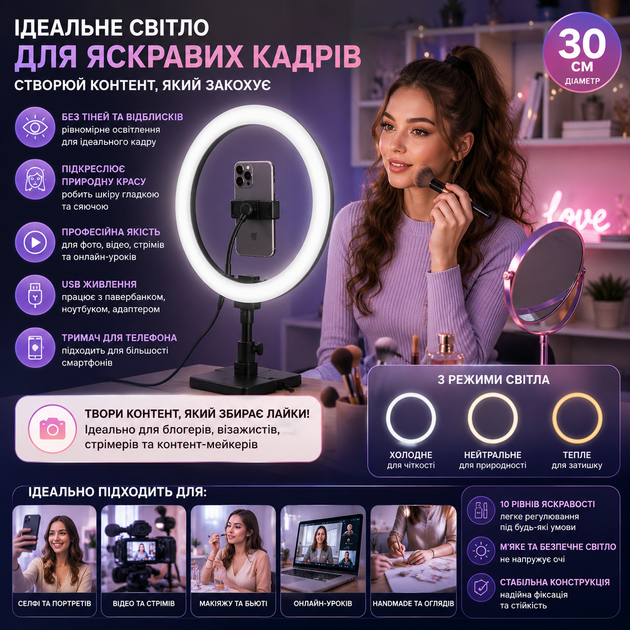 Кільцева свідоліодна LED лампа 30см Селфі кільце освітлення для зйомок - Фото 2 Кільцева свідоліодна LED лампа 30см Селфі кільце освітлення для зйомок - изображение 2