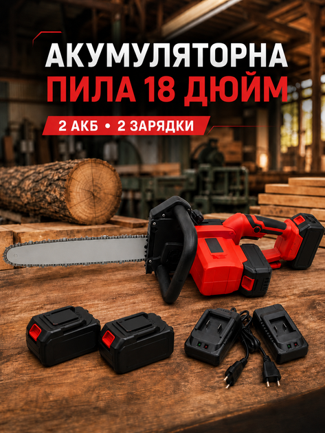 Аккумуляторная цепная пила 18" красная с автоподачей масла, 2 АКБ и 2 зарядками (49675889) - изображение 2