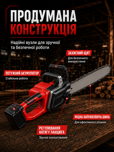 Аккумуляторная цепная пила 18" красная с автоподачей масла, 2 АКБ и 2 зарядками (49675889) - изображение 6