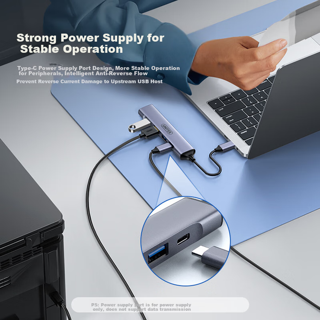 USB-хаб UNITEK 3.0 з 4 портами, док-станція розширення з металевого алюмінієвого сплаву USB з портом живлення Type-C, зовнішній багатопортовий адаптер-розширювач для ноутбука - Фото 5 USB-хаб UNITEK 3.0 з 4 портами, док-станція розширення з металевого алюмінієвого сплаву USB з портом живлення Type-C, зовнішній багатопортовий адаптер-розширювач для ноутбука - зображення 5