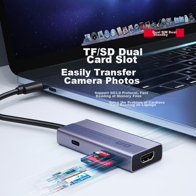 DM Daimai Type-C Six-In Expansion Dock, USB-C to HDMI Adapter, Apple Huawei Computer IPad Converter, 4K Screen Mirroring Expansion Card Reader, CHB059 - Фото 6 DM Daimai Type-C Six-In Expansion Dock, USB-C to HDMI Adapter, Apple Huawei Computer IPad Converter, 4K Screen Mirroring Expansion Card Reader, CHB059 - изображение 6