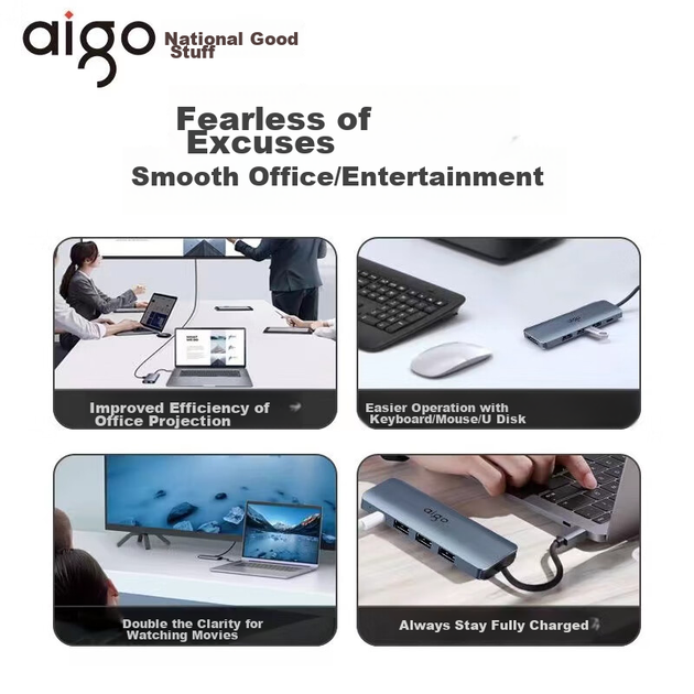 Док-станція розширення Aigo Type-C, USB-хаб, HDMI-адаптер, розгалужувач-хаб, адаптер для ноутбука, швидка зарядка PD100W, USB-док-станція розширення T05-H1 (металева) - изображение 7