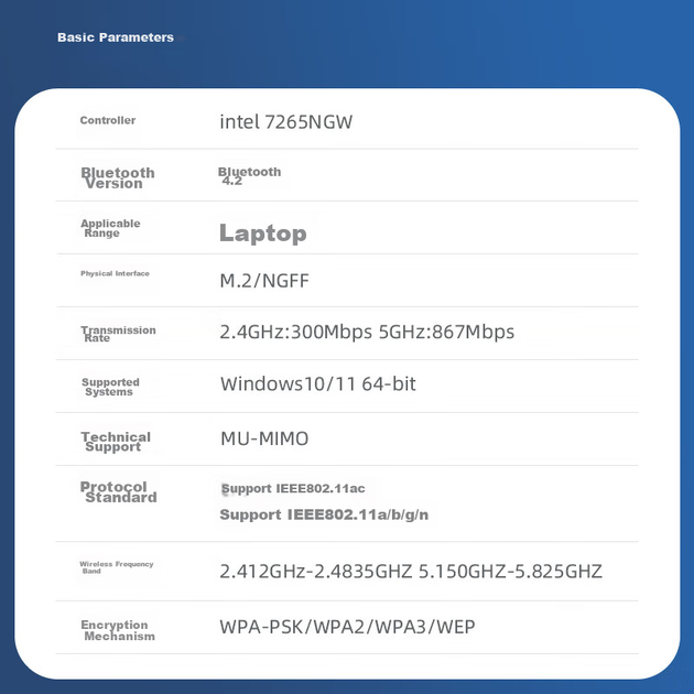Бездротова мережева карта EB-LINK Intel 7265 для ноутбука, інтерфейс M.2 1167 Мбіт/с, дводіапазонна мережева карта WiFi 5 Gigabit, Bluetooth 4.2, внутрішній модуль комп'ютера - изображение 6