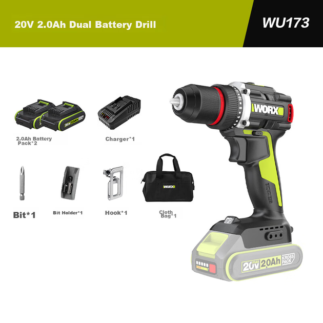 Безщітковий електричний дриль WORX 20V WU173 (2.0 з двома батареями), дриль-пістолет на літієвих батареях, електрична викрутка, багатофункціональний перфоратор - зображення 9