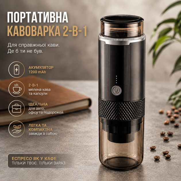 Портативная аккумуляторная кофемашина 2-в-1 СМ-1999. Беспроводная кофемашина эспрессо для авто и туризма - Фото 1 Портативная аккумуляторная кофемашина 2-в-1 СМ-1999. Беспроводная кофемашина эспрессо для авто и туризма - изображение 1