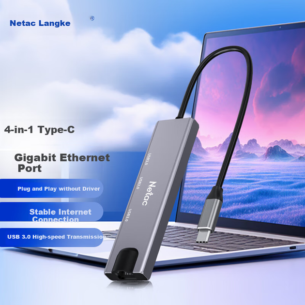 Док-станція розширення Netac Type-C до USB 3.0-хаба з гігабітним Ethernet-адаптером RJ45, універсальна для комп'ютерів Apple, планшетів та ноутбуків Huawei HC031 - изображение 3
