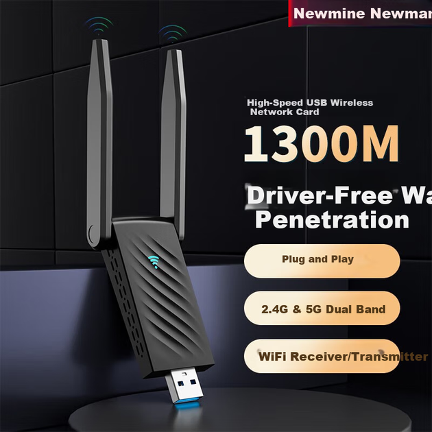 Беспроводной сетевой адаптер Newmine AC1300 USB, не требующий установки драйверов, с двумя антеннами, двухдиапазонный Wi-Fi 1300 Мбит/с, для использования на настольных компьютерах и ноутбуках. - изображение 4