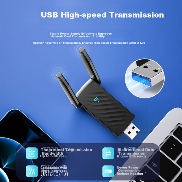 Беспроводной сетевой адаптер Newmine AC1300 USB, не требующий установки драйверов, с двумя антеннами, двухдиапазонный Wi-Fi 1300 Мбит/с, для использования на настольных компьютерах и ноутбуках. - изображение 9