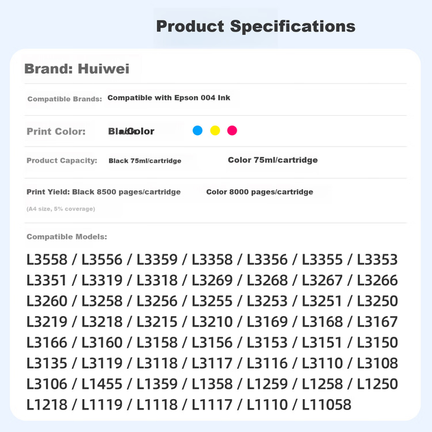 Чорнило Huiwei для Epson 004 (L3251/L3258), 3 кольори - Фото 5 Чорнило Huiwei для Epson 004 (L3251/L3258), 3 кольори - зображення 5