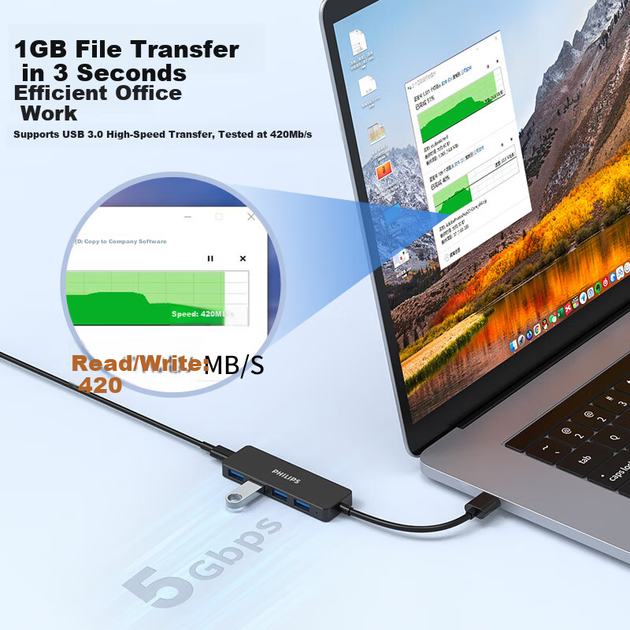 Док-станция PHILIPS USB 3.0 Hub, высокоскоростной 4-портовый расширительный концентратор, многоинтерфейсный преобразователь, адаптер для ноутбука с блоком питания Type-C, длина кабеля 0,2 м. - изображение 4