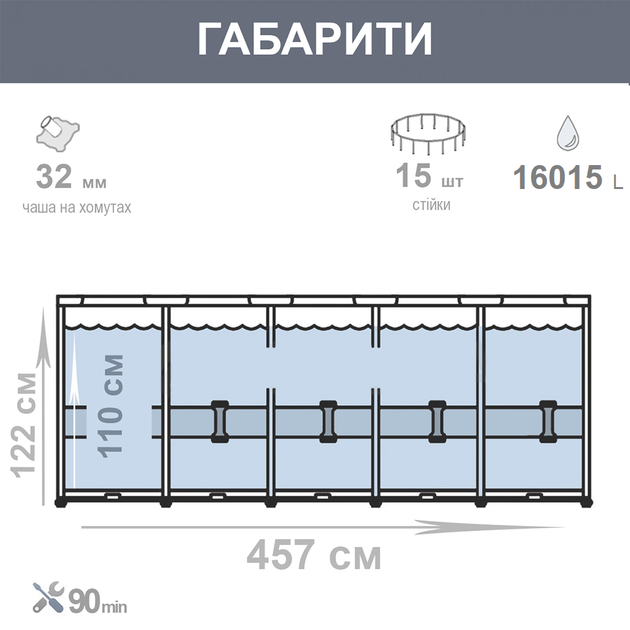 Каркасний басейн Bestway 56438 (122*457 см., об'єм: 16015 л., картриджний фільтр-насос 3028 л/год, драбина, тент, серія: Steel Pro MAX) - изображение 7