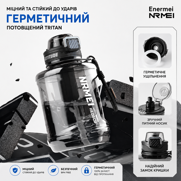 Пляшка для води NRMEI 2600 мл з Тритану: Спортивна, Герметична, з Ручкою та Ремінцем, Чорна - зображення 4
