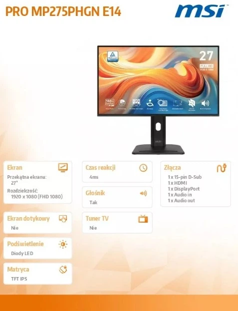 Monitor MSI PRO MP275PHGN E14 27 cali LED FHD Flat 144Hz Czarny (PRO MP275PHGN E14) - obraz 9