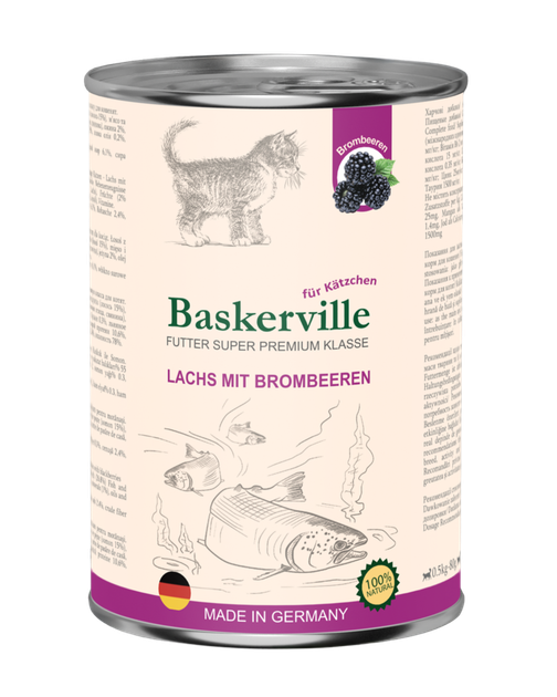 Консервированный корм Baskerville Super Premium Lachs Mit Brombeeren Лосось с ежевикой влажный корм для котят 400 г (4250231541803) - Фото 1 Консервированный корм Baskerville Super Premium Lachs Mit Brombeeren Лосось с ежевикой влажный корм для котят 400 г (4250231541803) - изображение 1