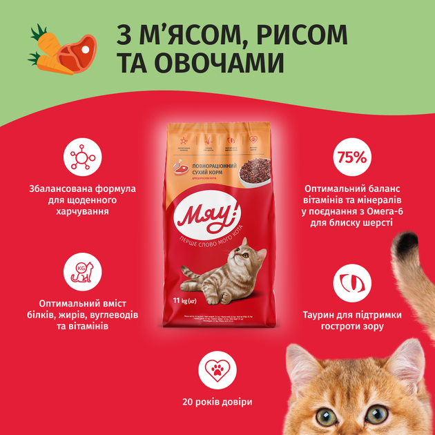 Сухой корм Мяу для взрослых кошек с мясом, рисом, овощами 11 кг (B1240602) - изображение 3