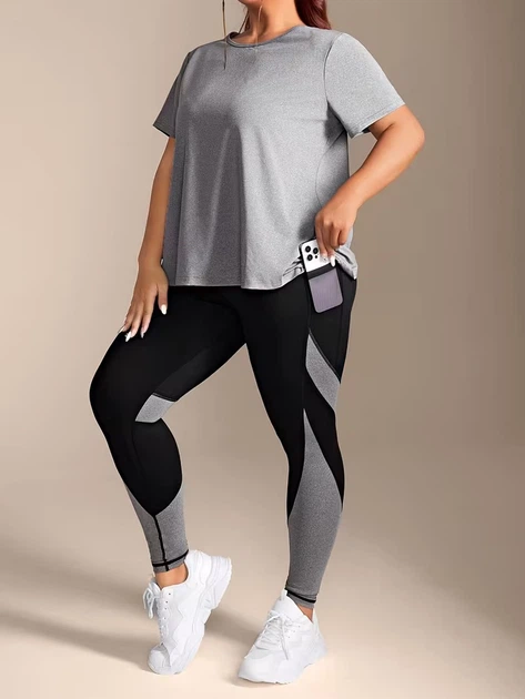 Жіночий спортивний фітнес костюм батал Plus Size футболка та легінси Сірий XL - зображення 3