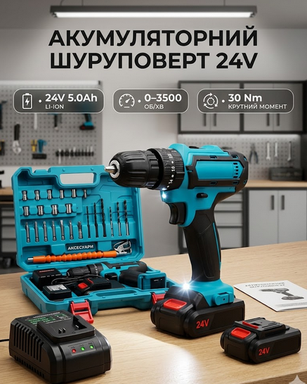 Аккумуляторный шуруповерт 24V 5.0Ah с набором инструментов, 2 аккумулятора, кейс, LED подсветка - Фото 1 Аккумуляторный шуруповерт 24V 5.0Ah с набором инструментов, 2 аккумулятора, кейс, LED подсветка - изображение 1