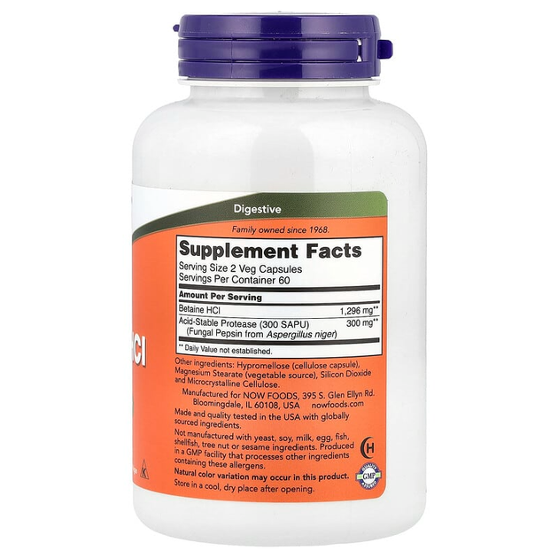 Бетаина гидрохлорид NOW Foods "Betaine HCL" с протеиназой, 648 мг (120 вегетарианских капсул) - изображение 2