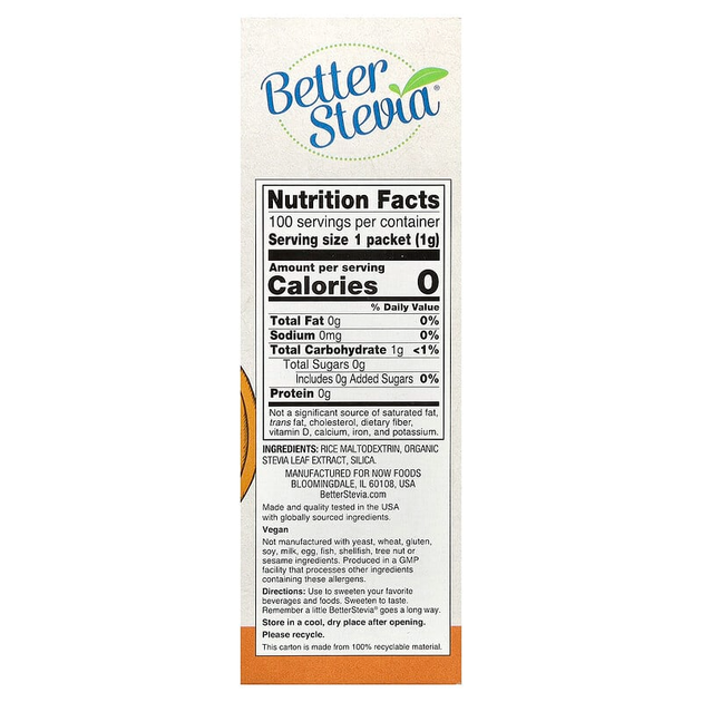 Натуральная стевия NOW Foods, Better Stevia "Original" подсластитель без калорий (100 пакетов / 100 г) - изображение 2