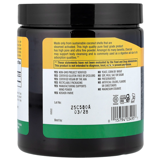 Активированный уголь с кокосом Country Life "Activated Coconut Charcoal Powder" кокосовый в порошке, 500 мг (141.7 г) - изображение 3