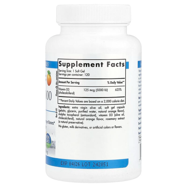 Вітамін D3, Nordic Naturals "Vitamin D3 5000" зі смаком апельсина, 5000 МО (120 гельових капсул) - зображення 2