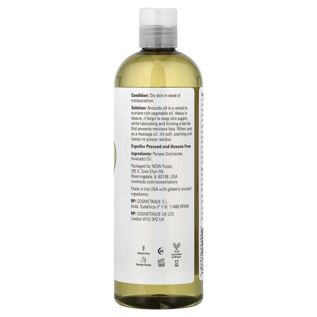 Масло авокадо NOW Foods, Solutions "Avocado Oil" чистое масло для кожи и волос (473 мл) - изображение 2