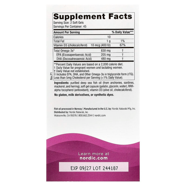 Рыбий жир для беременных Nordic Naturals "Prenatal DHA" жирные кислоты омега 3 с витамином D3, 830 мг (90 гелевых капсул) - изображение 2