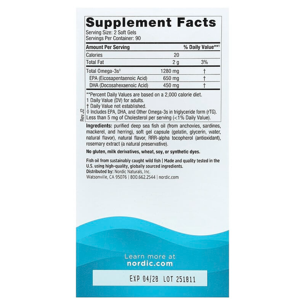 Рыбий жир Nordic Naturals "Ultimate Omega" жирные кислоты омега 3 со вкусом лимона, 1280 мг (180 гелевых капсул) - изображение 2