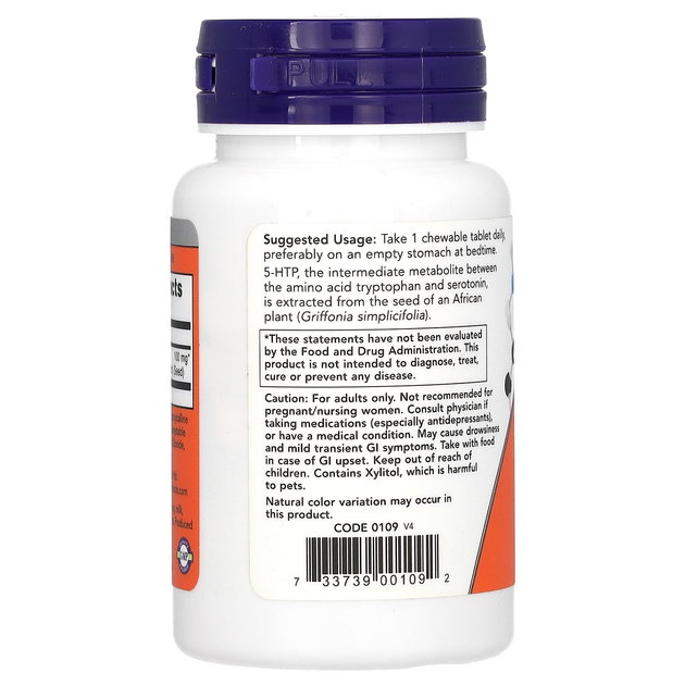 5-гидрокситриптофан NOW Foods "Chewable 5-HTP" с цитрусовым вкусом, 100 мг (90 жевательных таблеток) - изображение 3