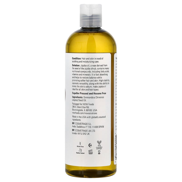 Олія жожоба NOW Foods Solutions "Jojoba Oil" для шкіри, тіла та волосся (473 мл) - Фото 2 Олія жожоба NOW Foods Solutions "Jojoba Oil" для шкіри, тіла та волосся (473 мл) - зображення 2