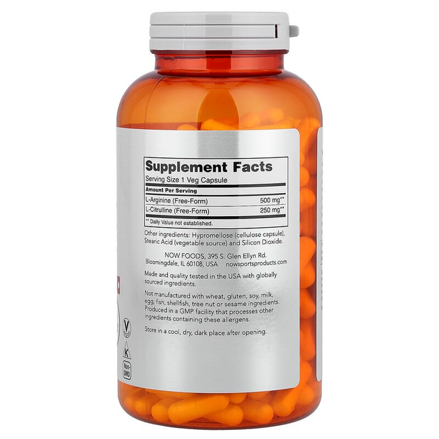 Аргинин и цитруллин NOW Foods, Sports "Arginine & Citrulline" 500 мг / 250 мг (240 вегетарианских капсул) - изображение 2
