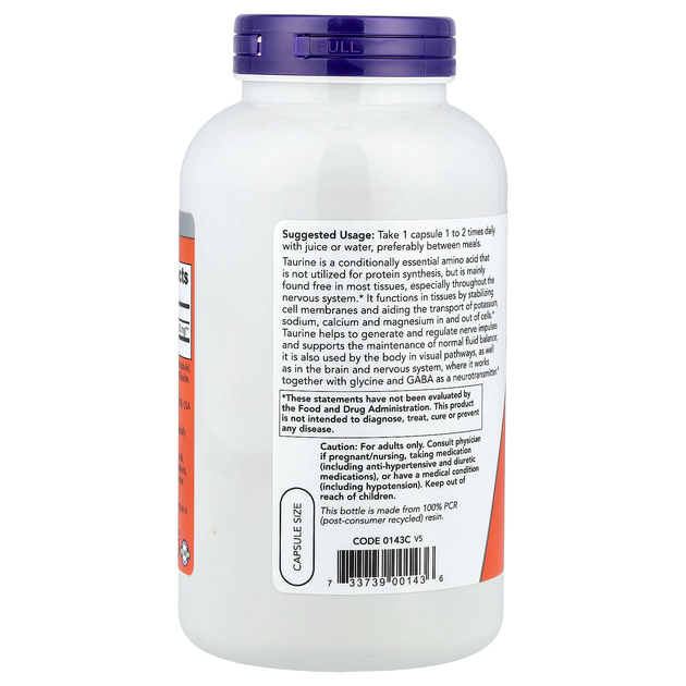 Таурін NOW Foods "Taurine" подвійної концентрації, 1000 мг (250 рослинних таблеток) - зображення 3