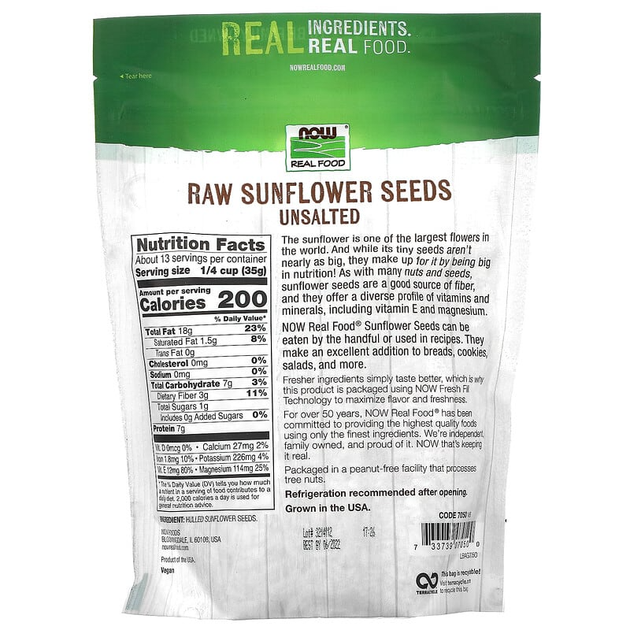 Сырые семена подсолнечника NOW Foods, Real Food "Unsalted Raw Sunflower Seeds" очищенные, без соли (454 г) - изображение 2
