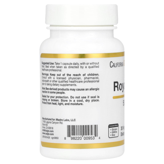 Маточне молочко California GOLD Nutrition "Royal Jelly" сублімований концентрат, 500 мг (30 рослинних капсул) - зображення 3